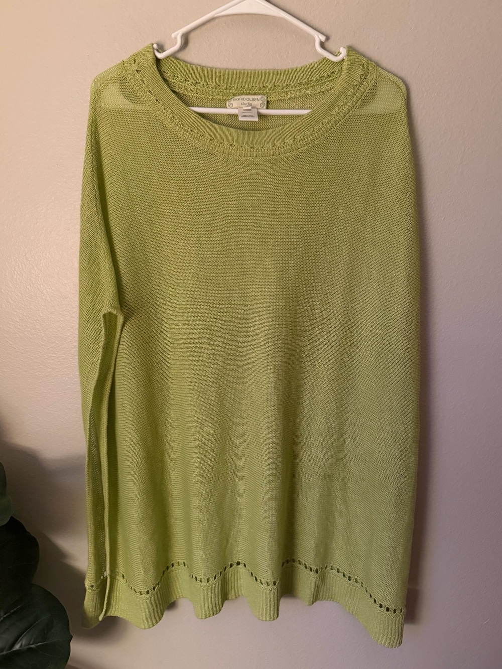 Sigrid Olsen Studio Linen Knit Poncho Green Oversized Pullover Boho Coastal